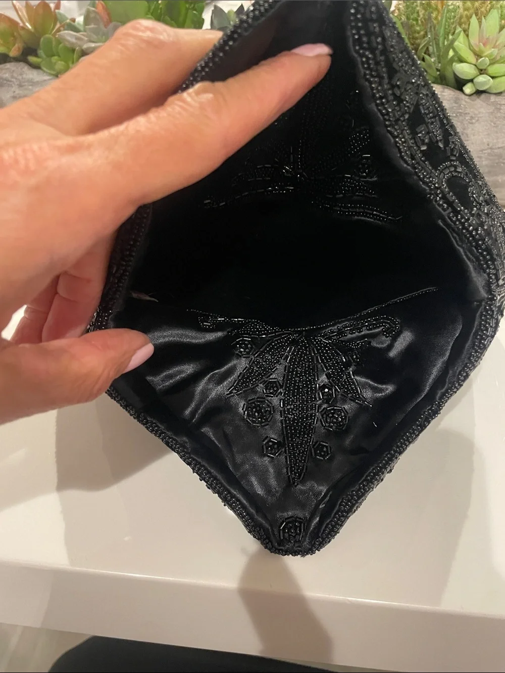 VINTAGE Black Velvet Hand-Beaded Envelope Evening Clutch Bag ~ Made In France